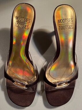 Mootsies Tootsies Brown & Black Slide Mules with Clear Strap-2 pairs